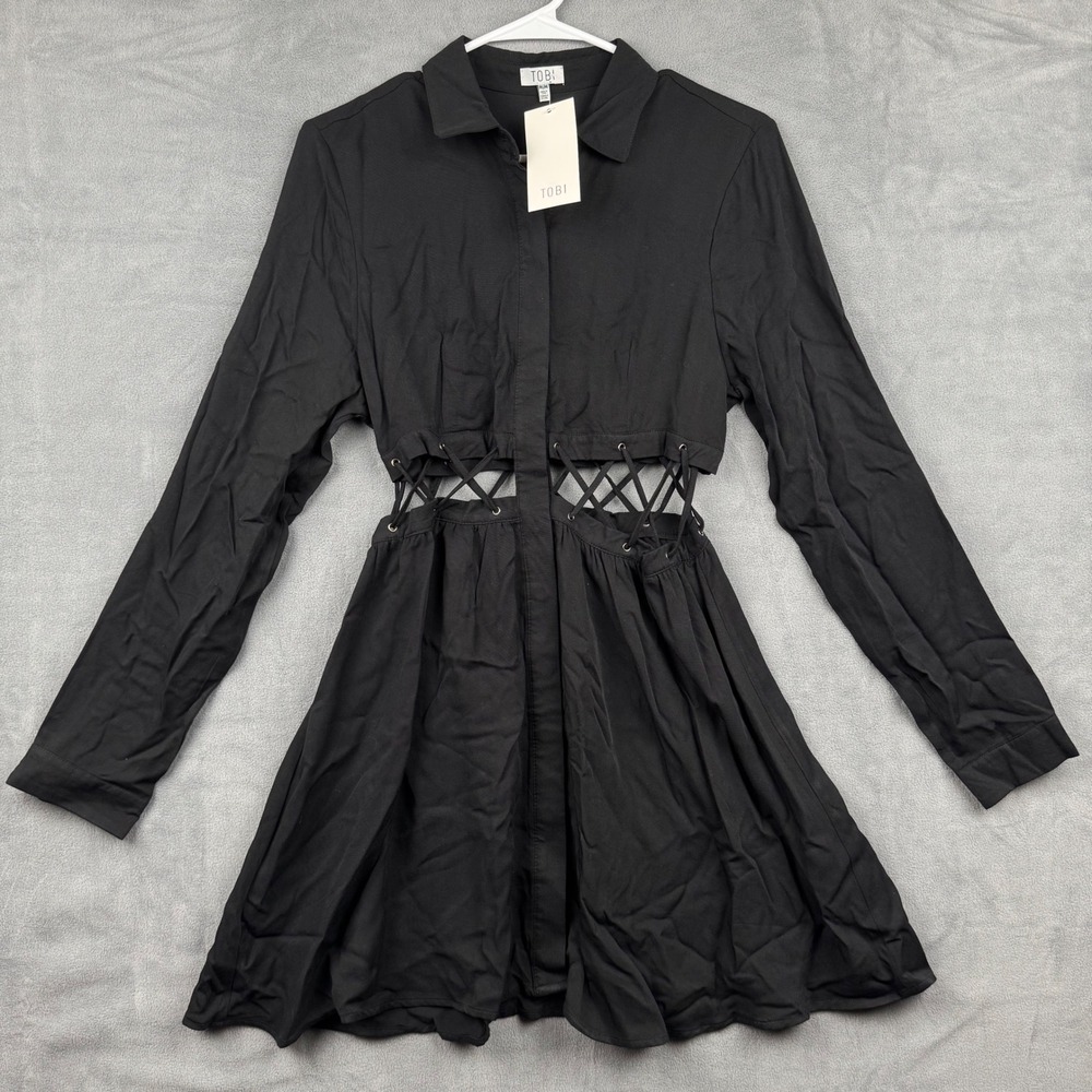 TOBI Black Long Sleeve Mini Dress Lace Up Cutout Shirt Dress Medium